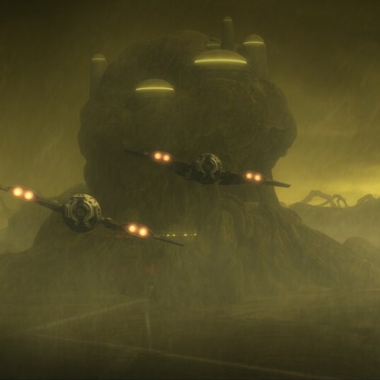 Yellow hued landscape with rainfall and ships flying through it