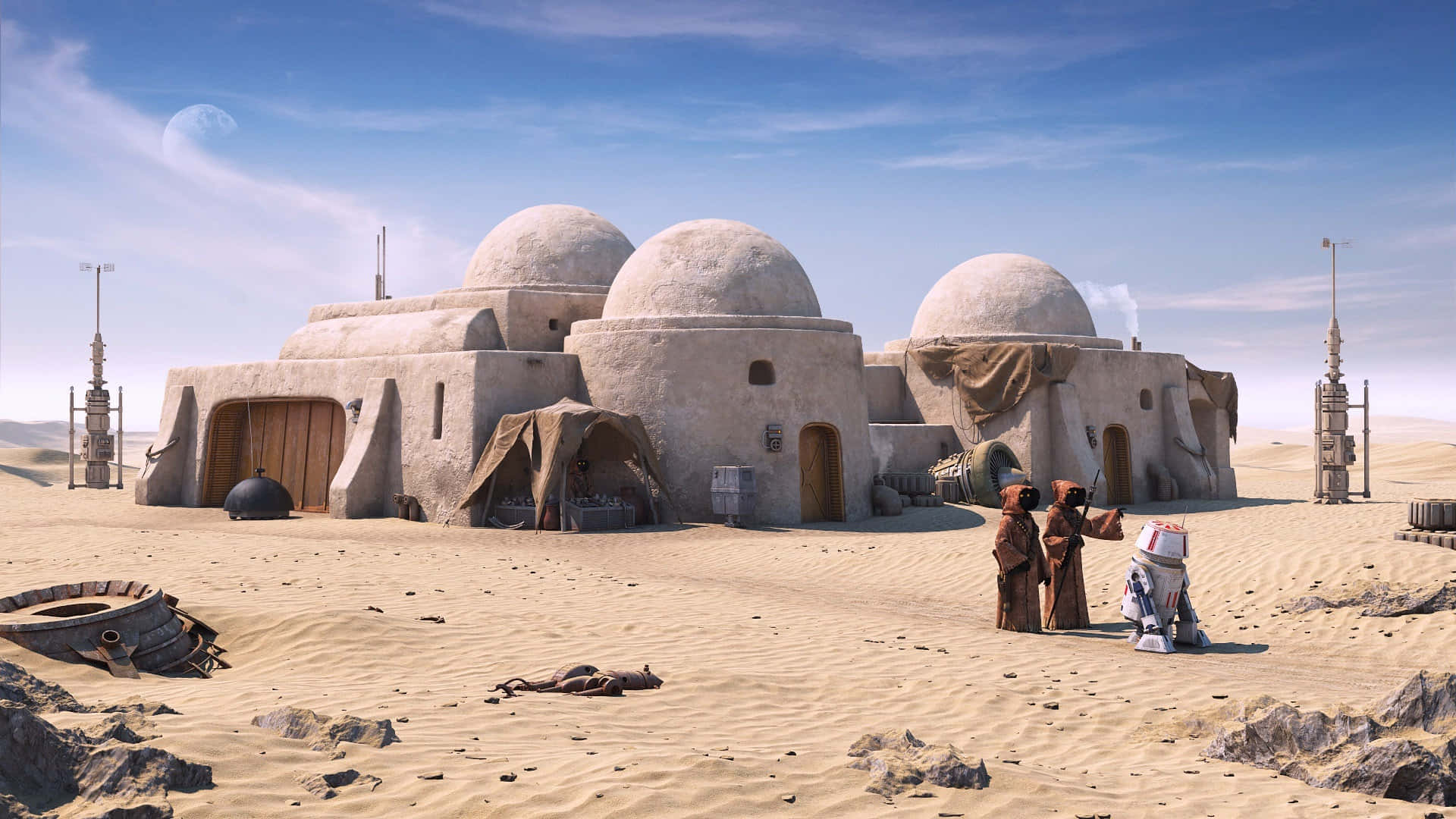 Two Jawas bartering with a droid outside of a dwelling