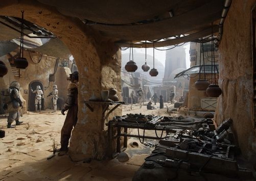 Covered vendor stall with various goods on tables